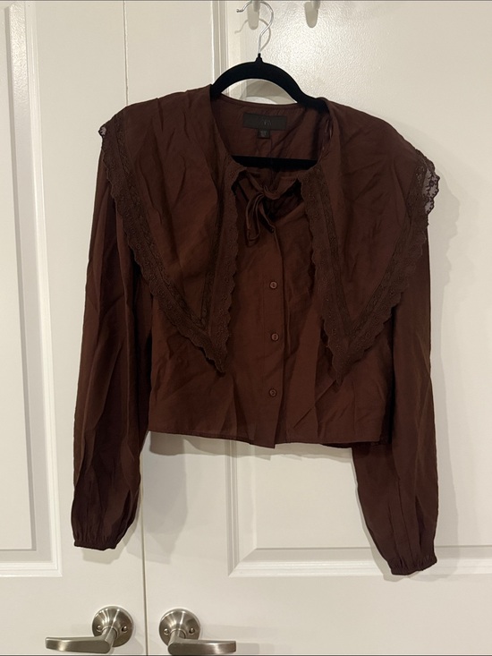 Zara Tops - Zara Flowy Brown Lace-Trim Peter Pan Button-Down Blouse size S